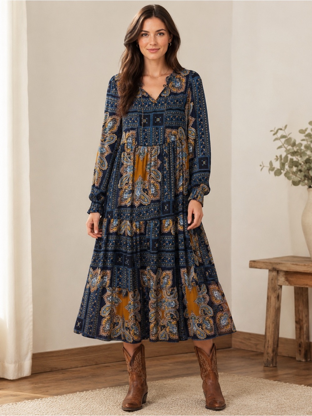 Emery Rose Paisley Boho Tiered Midi Dress Size Medium